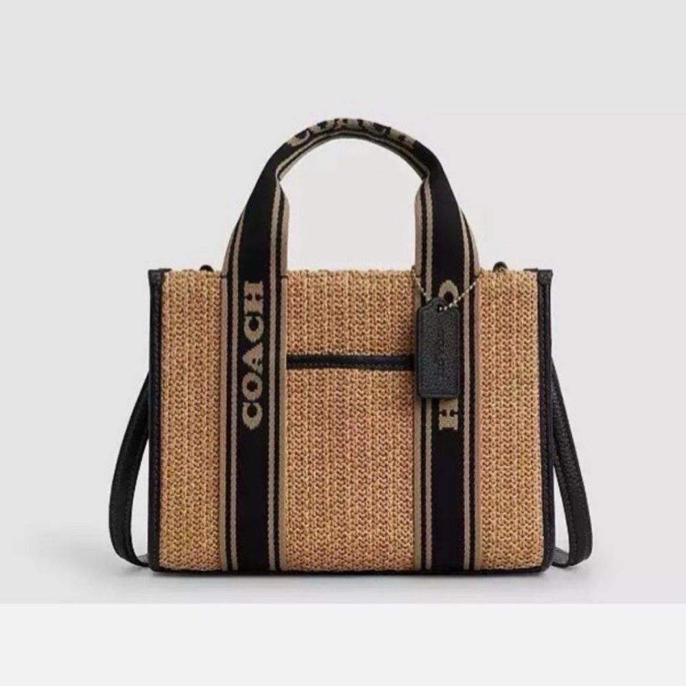Last one! NWT COACH Smith Tote 24 Toast Black Crossbody Straw Pebble Leather
